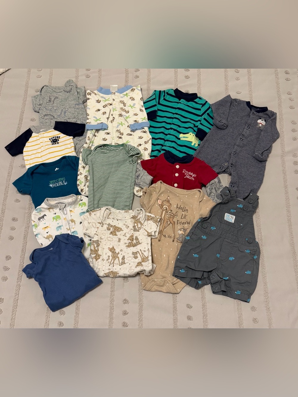 Mixed Baby Onesie and Romper Lot in Blue, Green, Gray, Tan